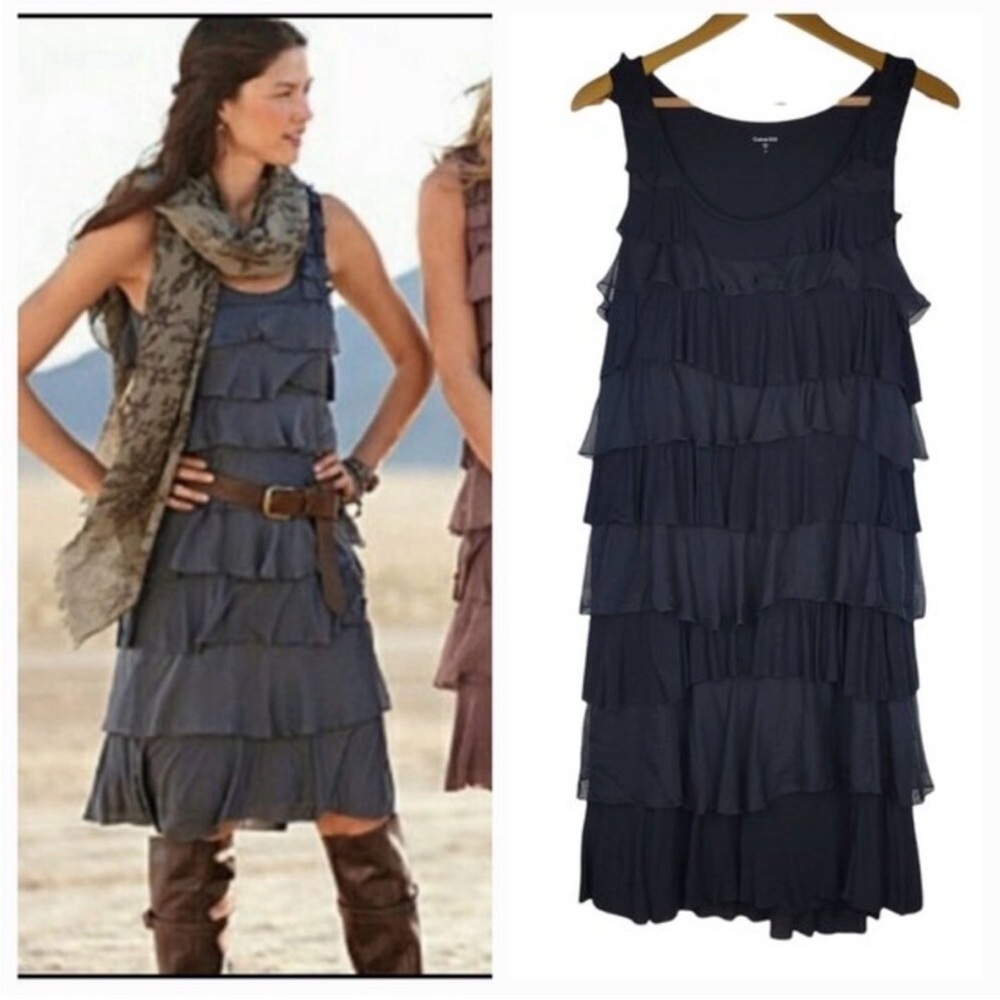 Garnet Hill Black Tiered Ruffle Silk Trim Knit Sleeveless Boho Dress /Large